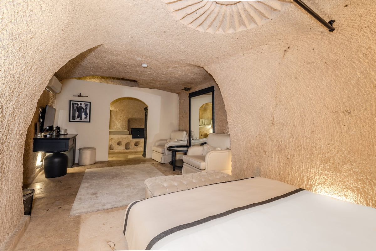 Tunnel-like room with a bed and living area, featuring modern decor.